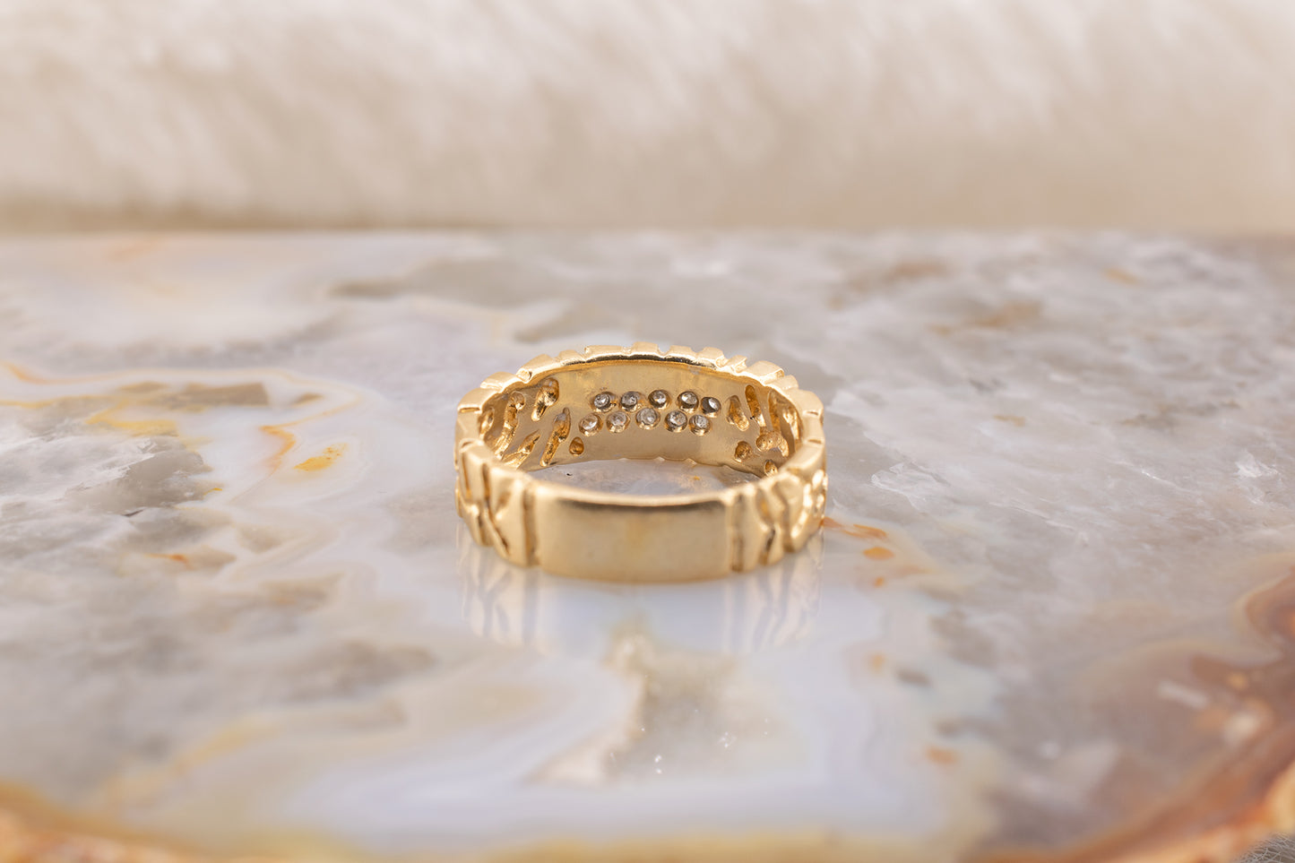 Circa 1990s Unisex Vintage 14 Karat Yellow Gold Nugget Style Round Brilliant 0.06ctw Diamond Ring 6.5mm Size 6