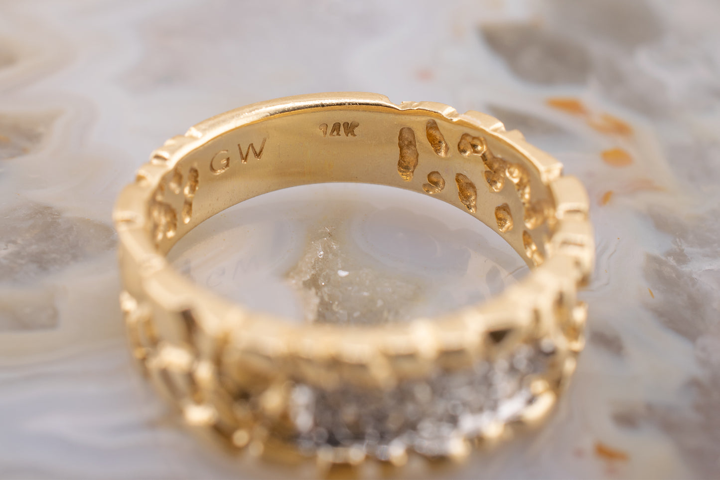 Circa 1990s Unisex Vintage 14 Karat Yellow Gold Nugget Style Round Brilliant 0.06ctw Diamond Ring 6.5mm Size 6