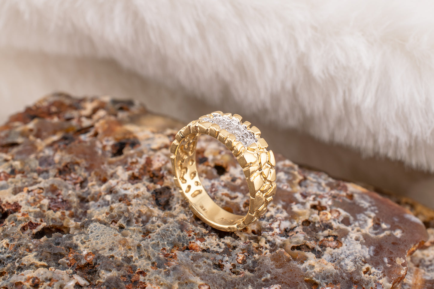 Circa 1990s Unisex Vintage 14 Karat Yellow Gold Nugget Style Round Brilliant 0.06ctw Diamond Ring 6.5mm Size 6