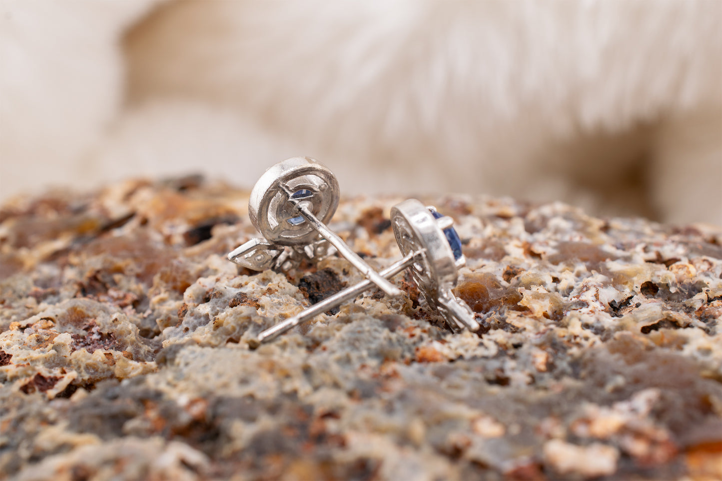 Minimalist Circa 2000s Vintage Estate 14 Karat White Gold 0.50 Carat Round Blue Sapphire and 0.06 Carat Diamond Push Back Stud Earrings