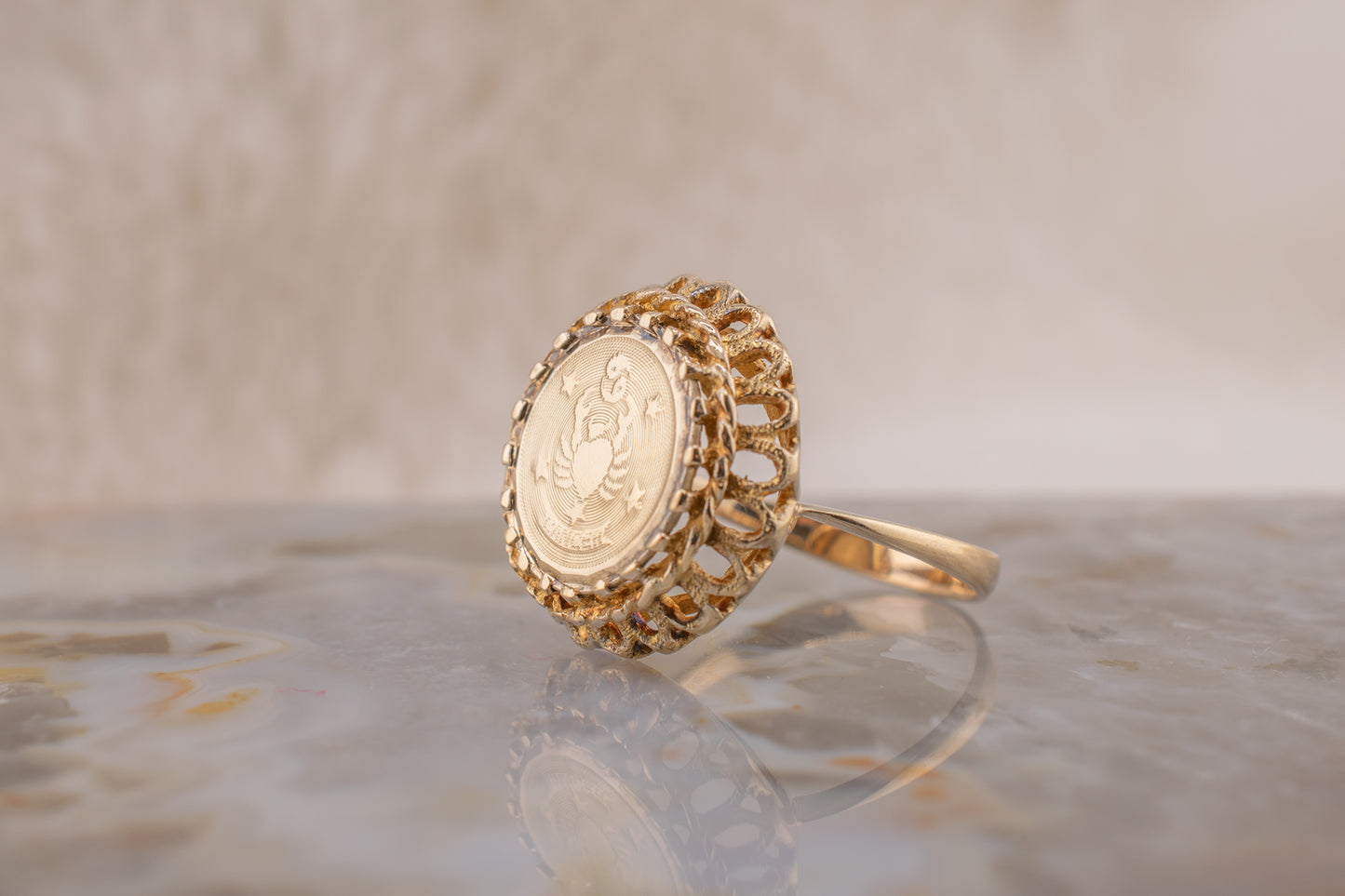 Circa 1980s Vintage 14 Karat Yellow Gold Astrological Cancer Zodiac Signet Sign Ring Size 7