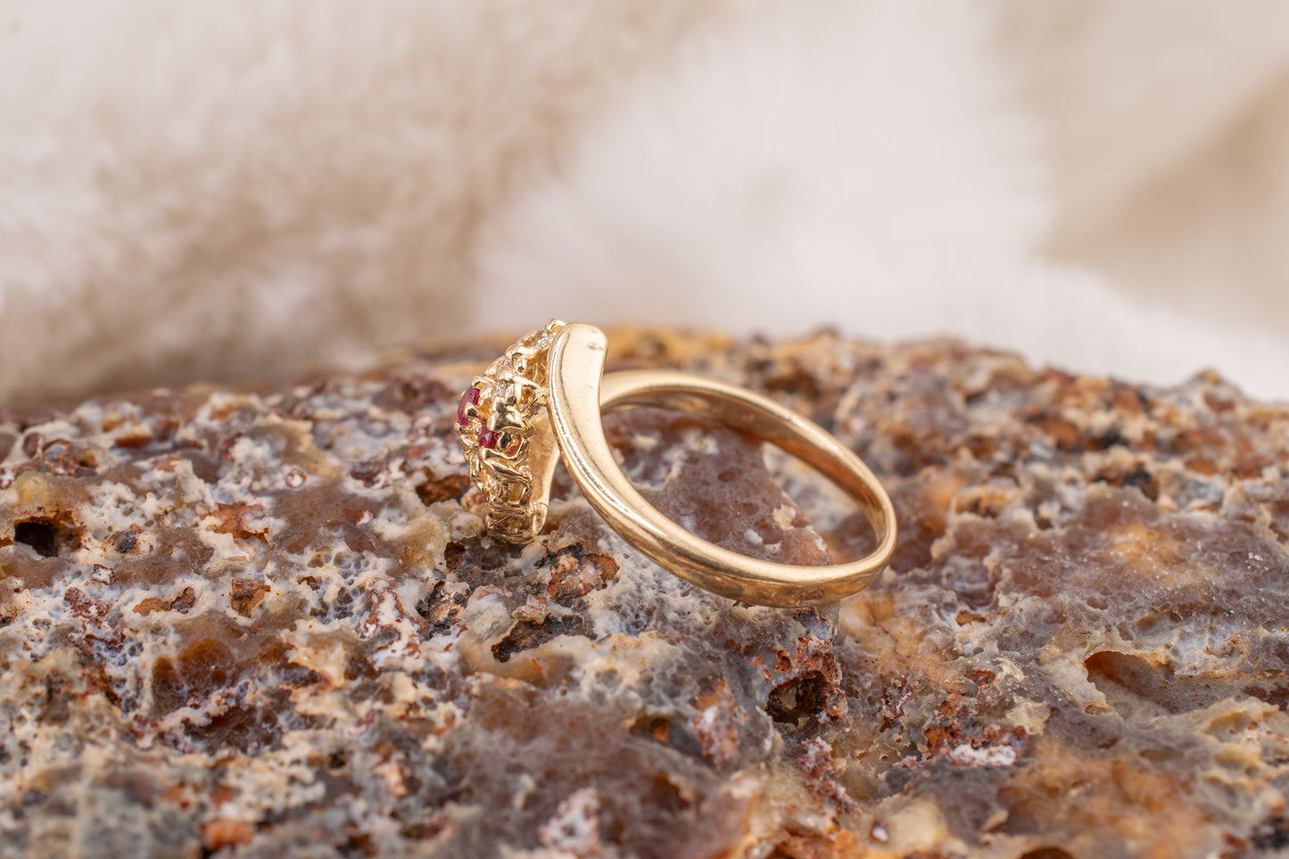 Circa 1980s Vintage 14 Karat Yellow Gold 0.08 Carat Diamond and 0.10 Carat Natural Ruby Navette Shaped Design Ring Size 4 3/4