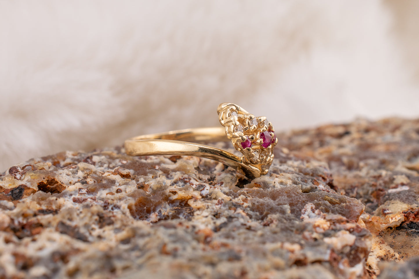 Circa 1980s Vintage 14 Karat Yellow Gold 0.08 Carat Diamond and 0.10 Carat Natural Ruby Navette Shaped Design Ring Size 4 3/4