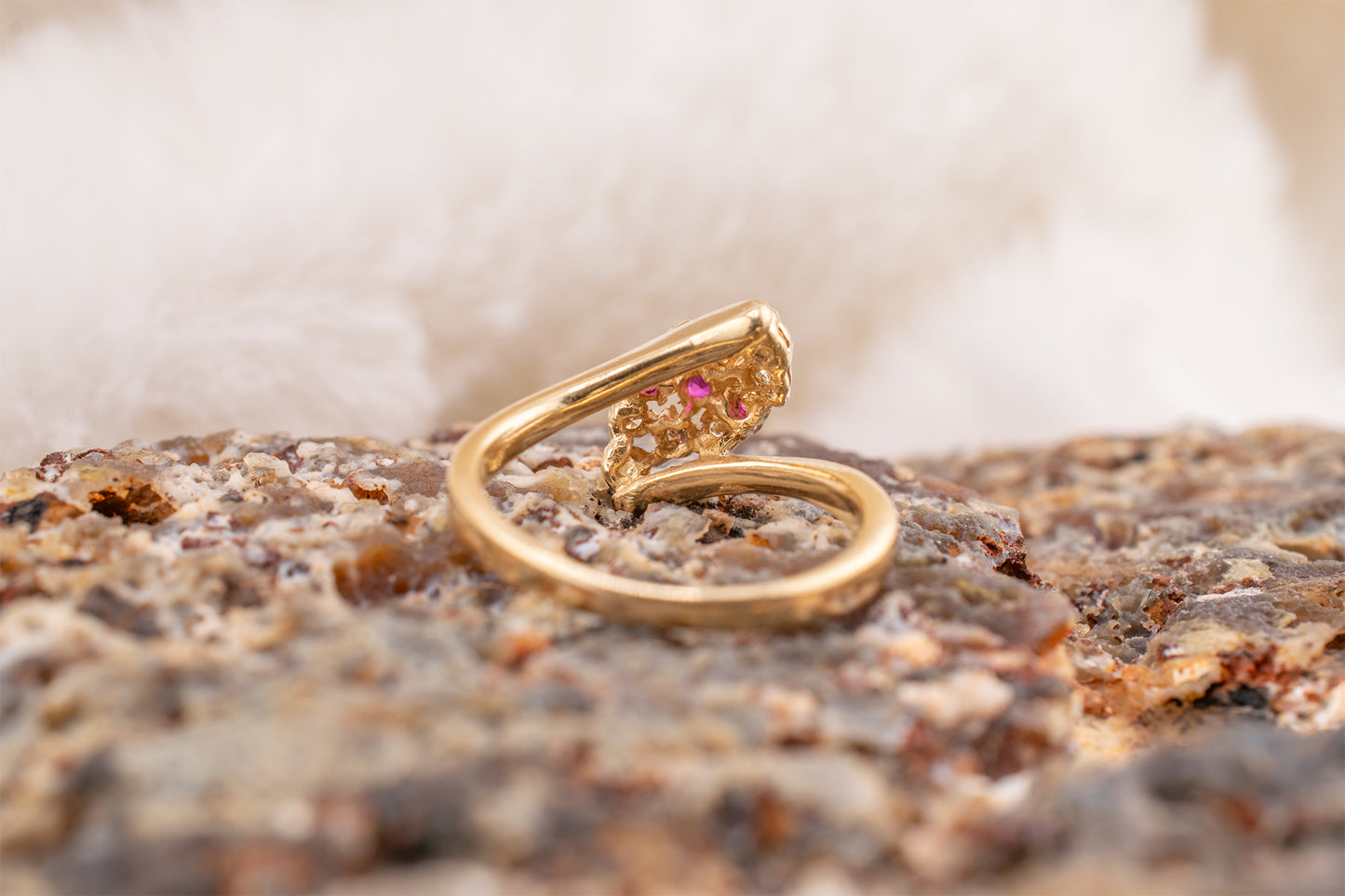 Circa 1980s Vintage 14 Karat Yellow Gold 0.08 Carat Diamond and 0.10 Carat Natural Ruby Navette Shaped Design Ring Size 4 3/4