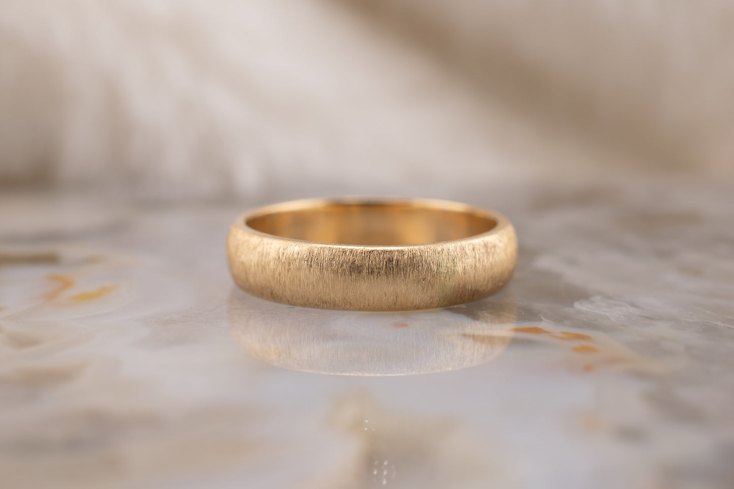 Circa 1990s Minimalist Vintage Two Tone Yellow Gold Satin Brushed Finish Band with White Gold Hand Carved Scroll Design Size 5.75 4.1mm