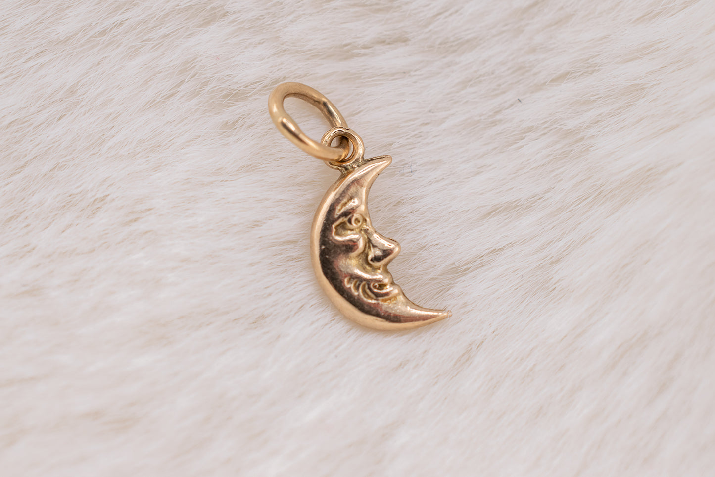 Circa 1990s Vintage 9 Karat Yellow Gold Puffy Crescent Man On The Moon Charm, Pendant 16.5mm