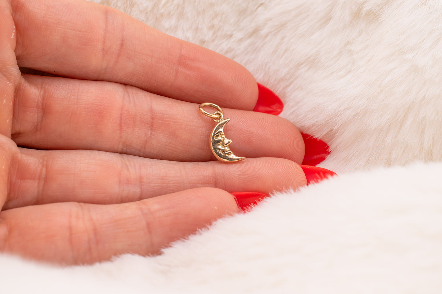 Circa 1990s Vintage 9 Karat Yellow Gold Puffy Crescent Man On The Moon Charm, Pendant 16.5mm