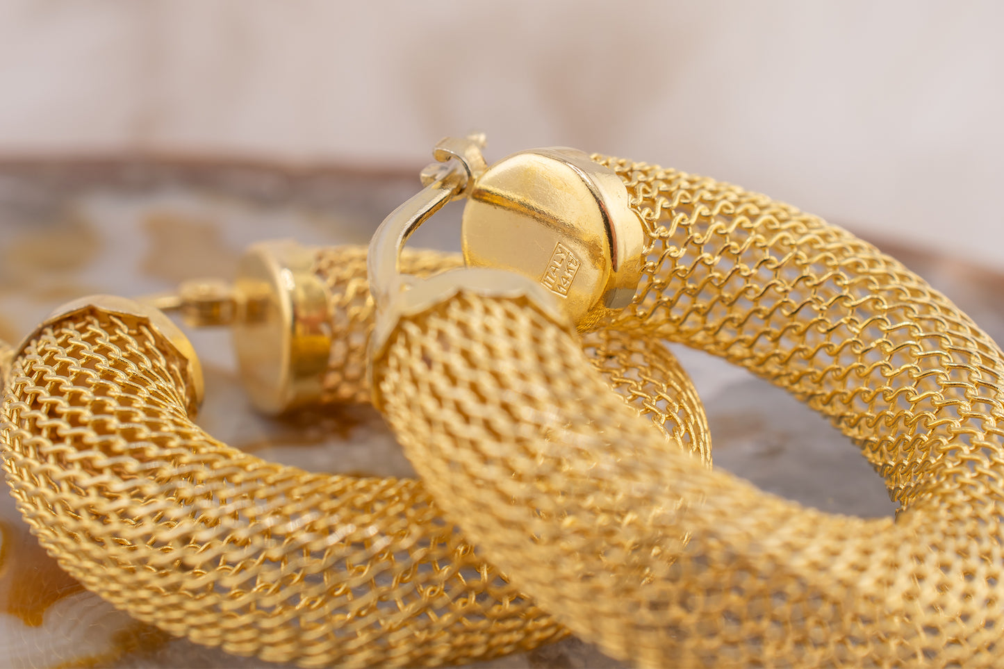 Circa Early 2000s Vintage 14 Karat Yellow Gold Thick Mesh Contemporary Style Hoop Earrings 7.1mm Wide