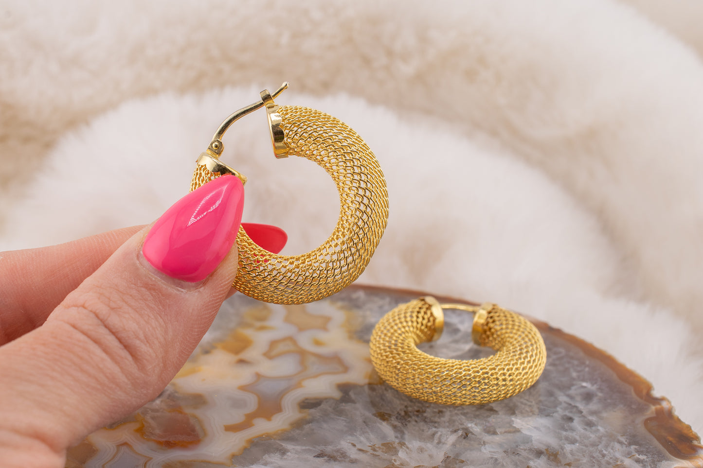 Circa Early 2000s Vintage 14 Karat Yellow Gold Thick Mesh Contemporary Style Hoop Earrings 7.1mm Wide