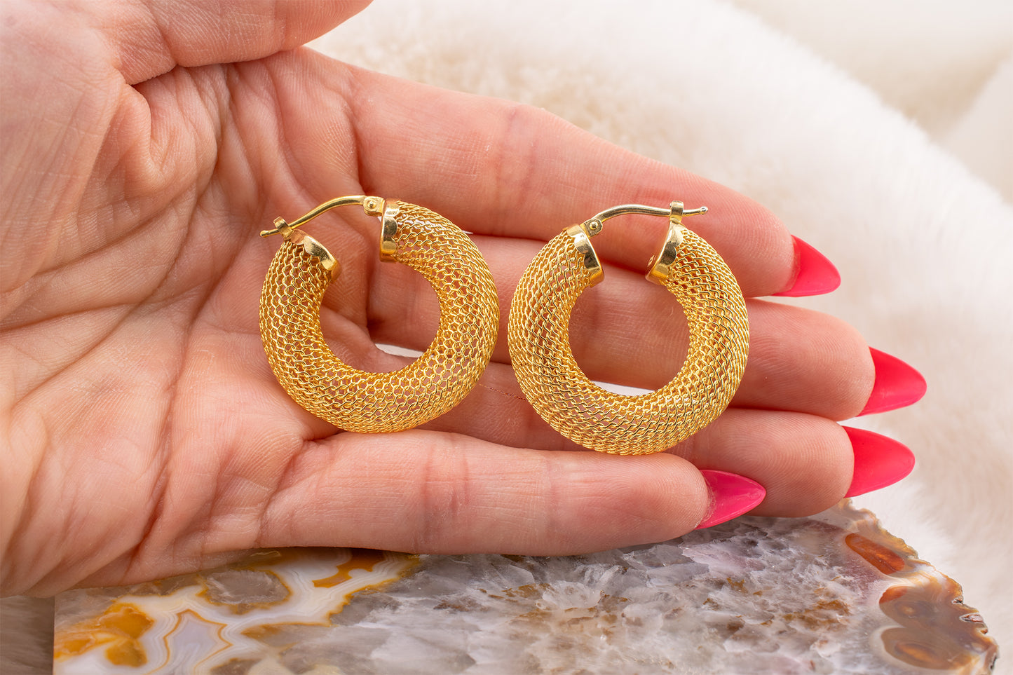 Circa Early 2000s Vintage 14 Karat Yellow Gold Thick Mesh Contemporary Style Hoop Earrings 7.1mm Wide