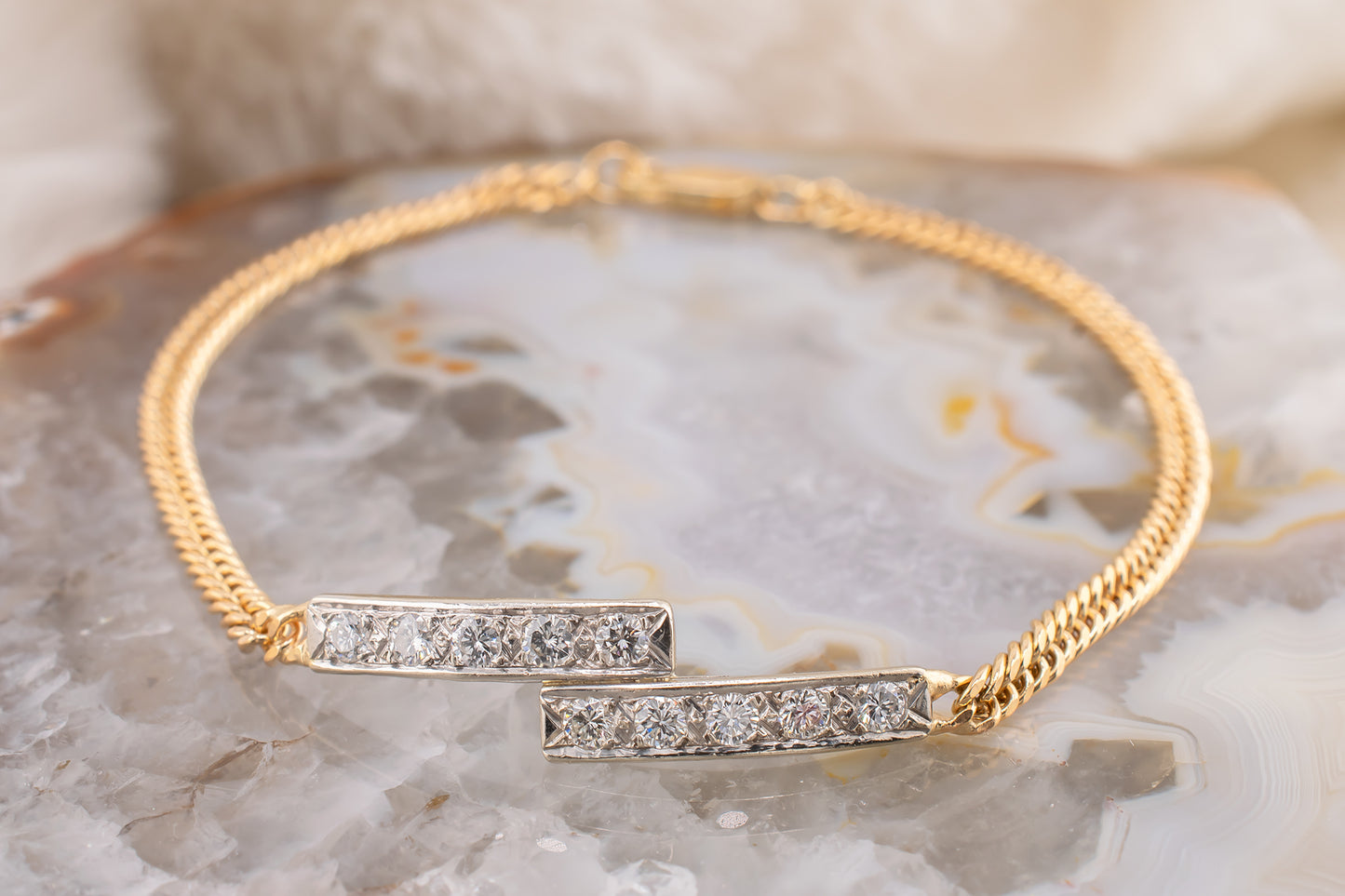Circa 1970s-80s Vintage Handmade Two Tone 14 Karat Yellow & White Gold 0.55 Carat Natural Round Diamond Double Bar Bracelet 7 Inches