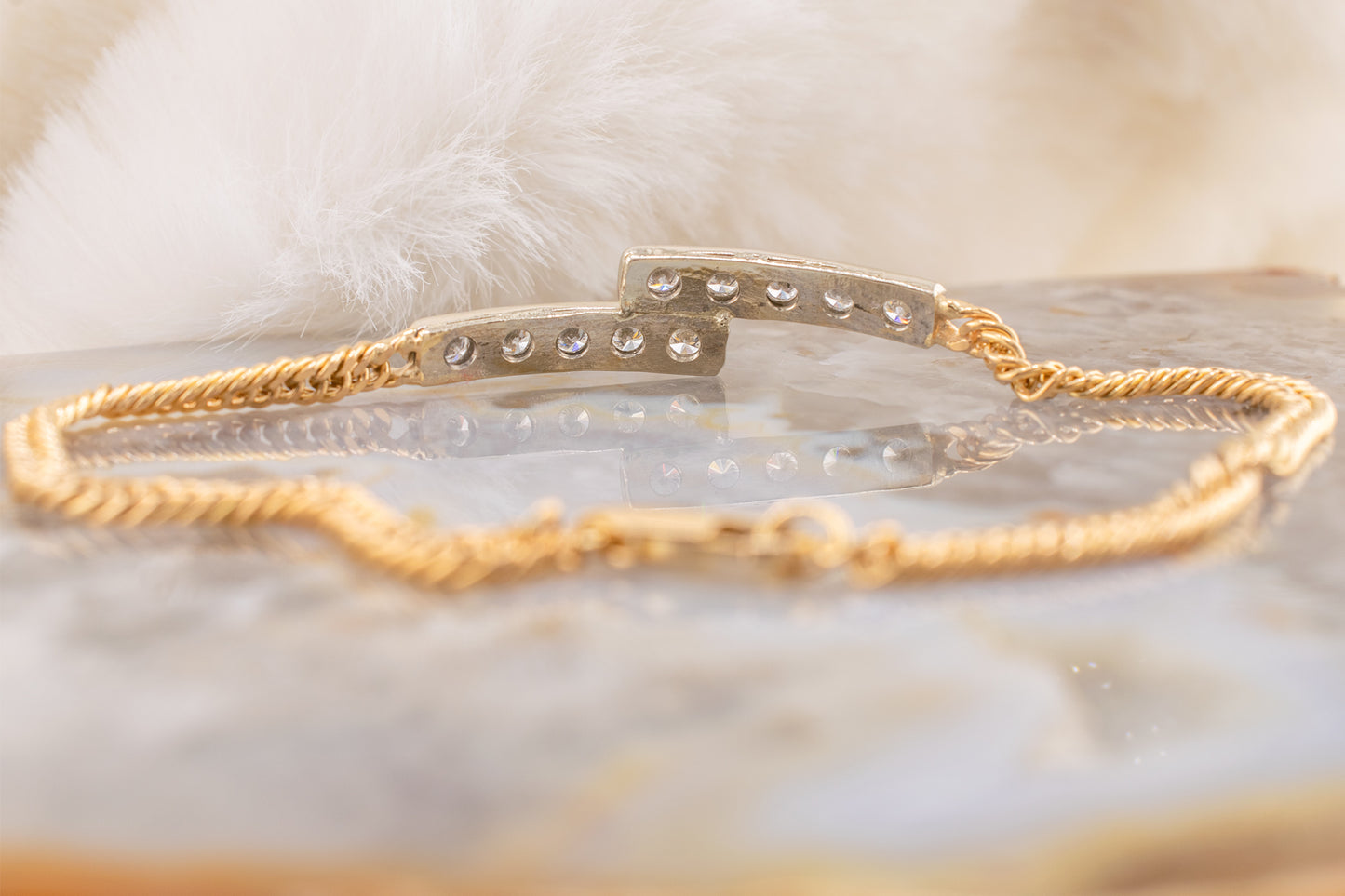 Circa 1970s-80s Vintage Handmade Two Tone 14 Karat Yellow & White Gold 0.55 Carat Natural Round Diamond Double Bar Bracelet 7 Inches