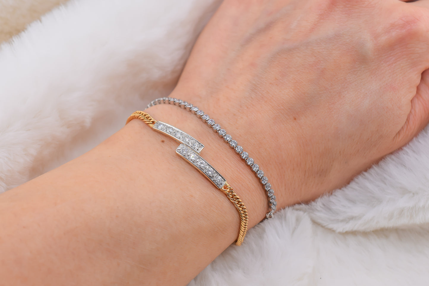 Circa 1970s-80s Vintage Handmade Two Tone 14 Karat Yellow & White Gold 0.55 Carat Natural Round Diamond Double Bar Bracelet 7 Inches