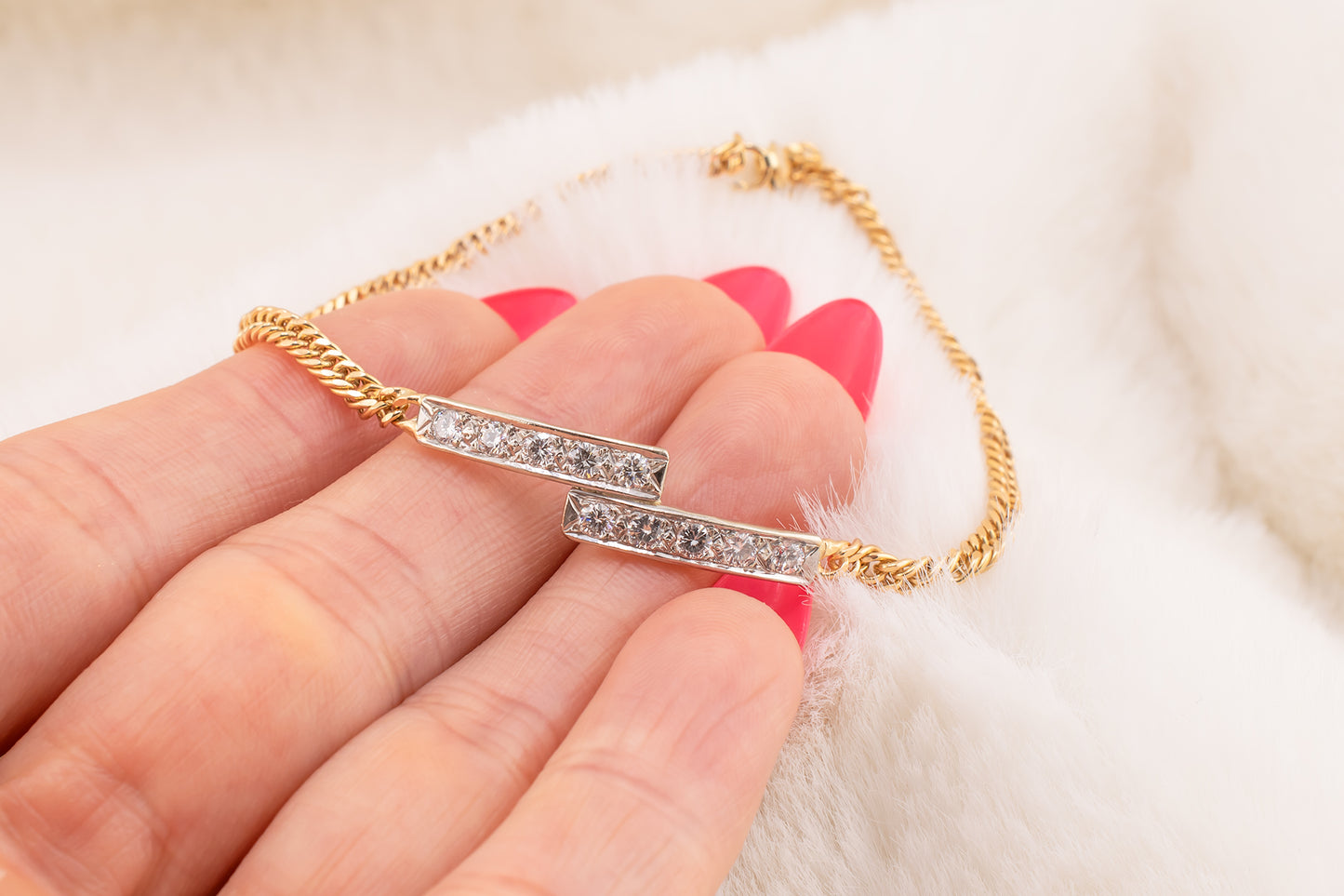 Circa 1970s-80s Vintage Handmade Two Tone 14 Karat Yellow & White Gold 0.55 Carat Natural Round Diamond Double Bar Bracelet 7 Inches