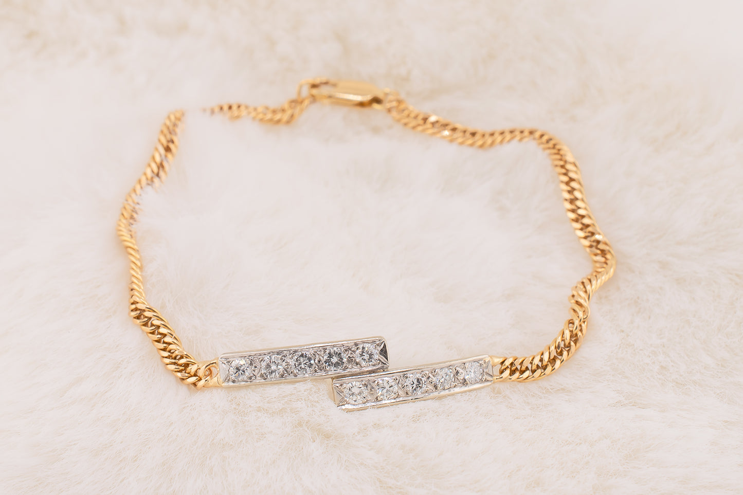 Circa 1970s-80s Vintage Handmade Two Tone 14 Karat Yellow & White Gold 0.55 Carat Natural Round Diamond Double Bar Bracelet 7 Inches