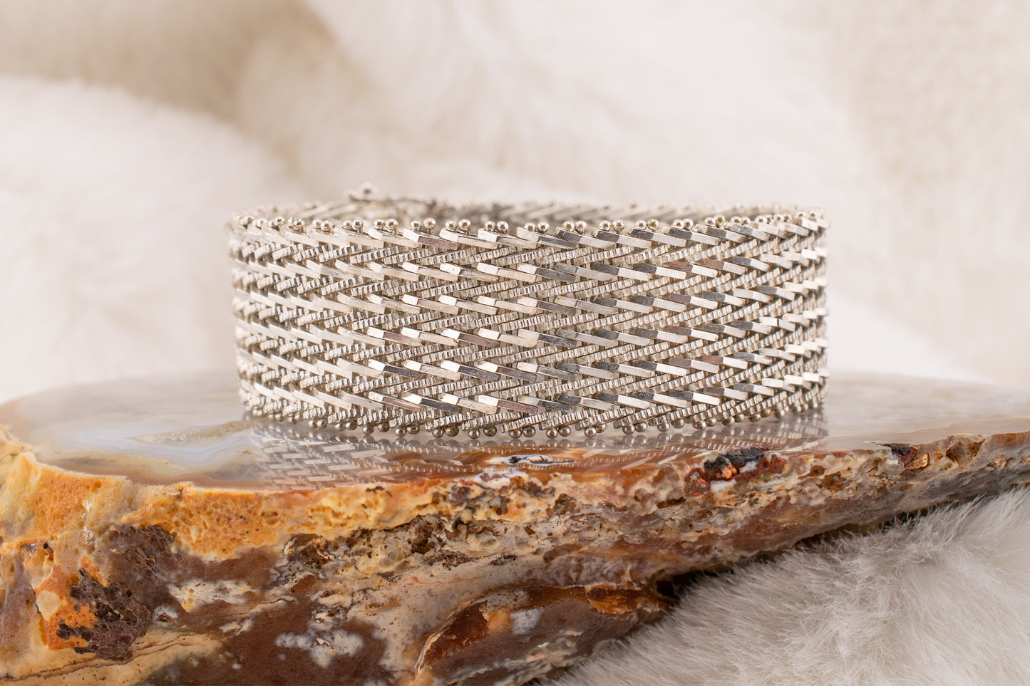Vintage Sterling Silver 925 Wide Reflective Statement Bracelet 7 1/2 Inches