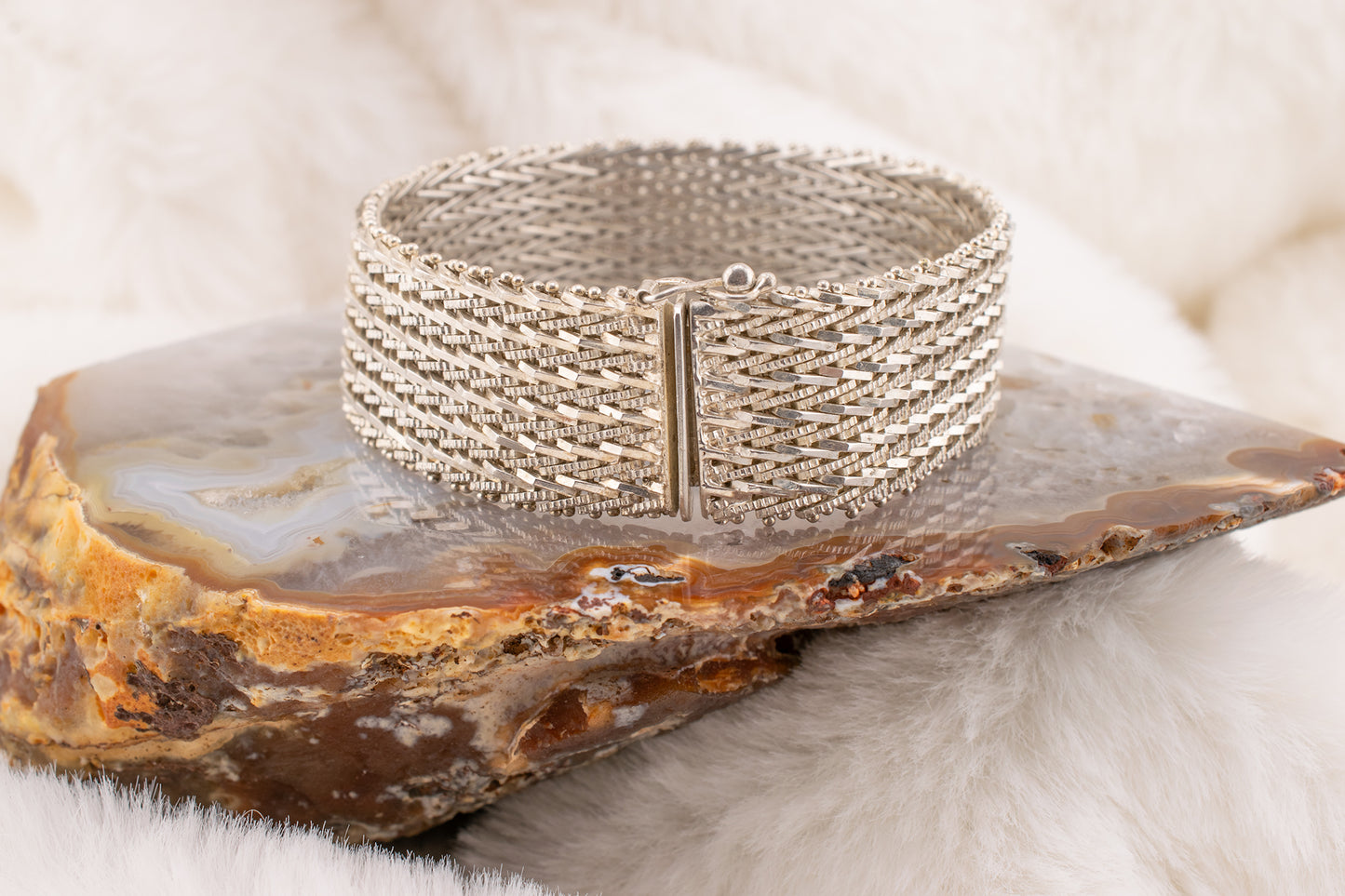 Vintage Sterling Silver 925 Wide Reflective Statement Bracelet 7 1/2 Inches