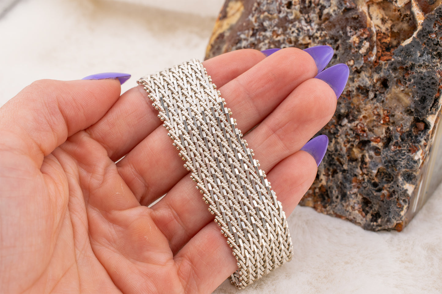 Vintage Sterling Silver 925 Wide Reflective Statement Bracelet 7 1/2 Inches