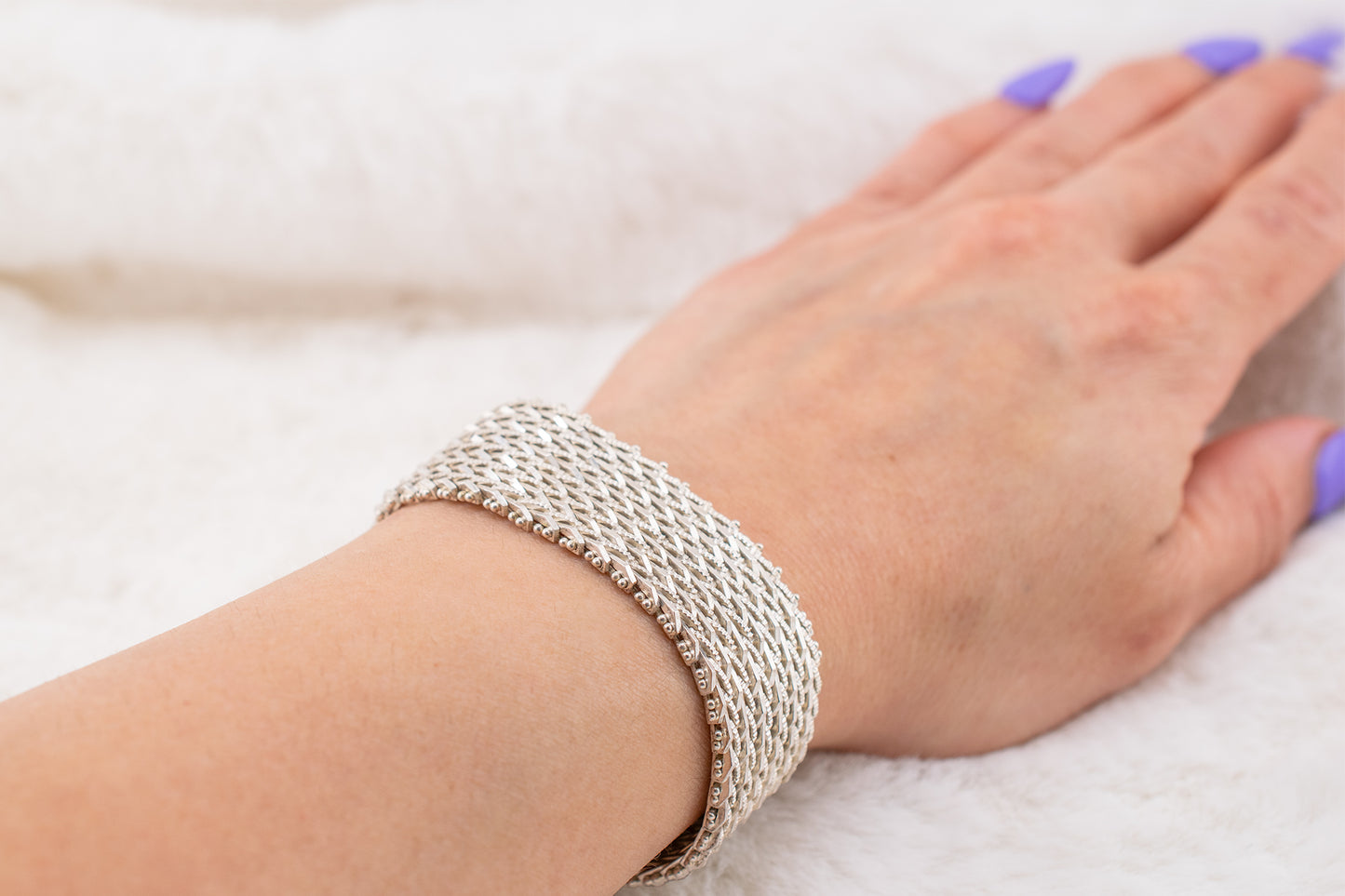 Vintage Sterling Silver 925 Wide Reflective Statement Bracelet 7 1/2 Inches