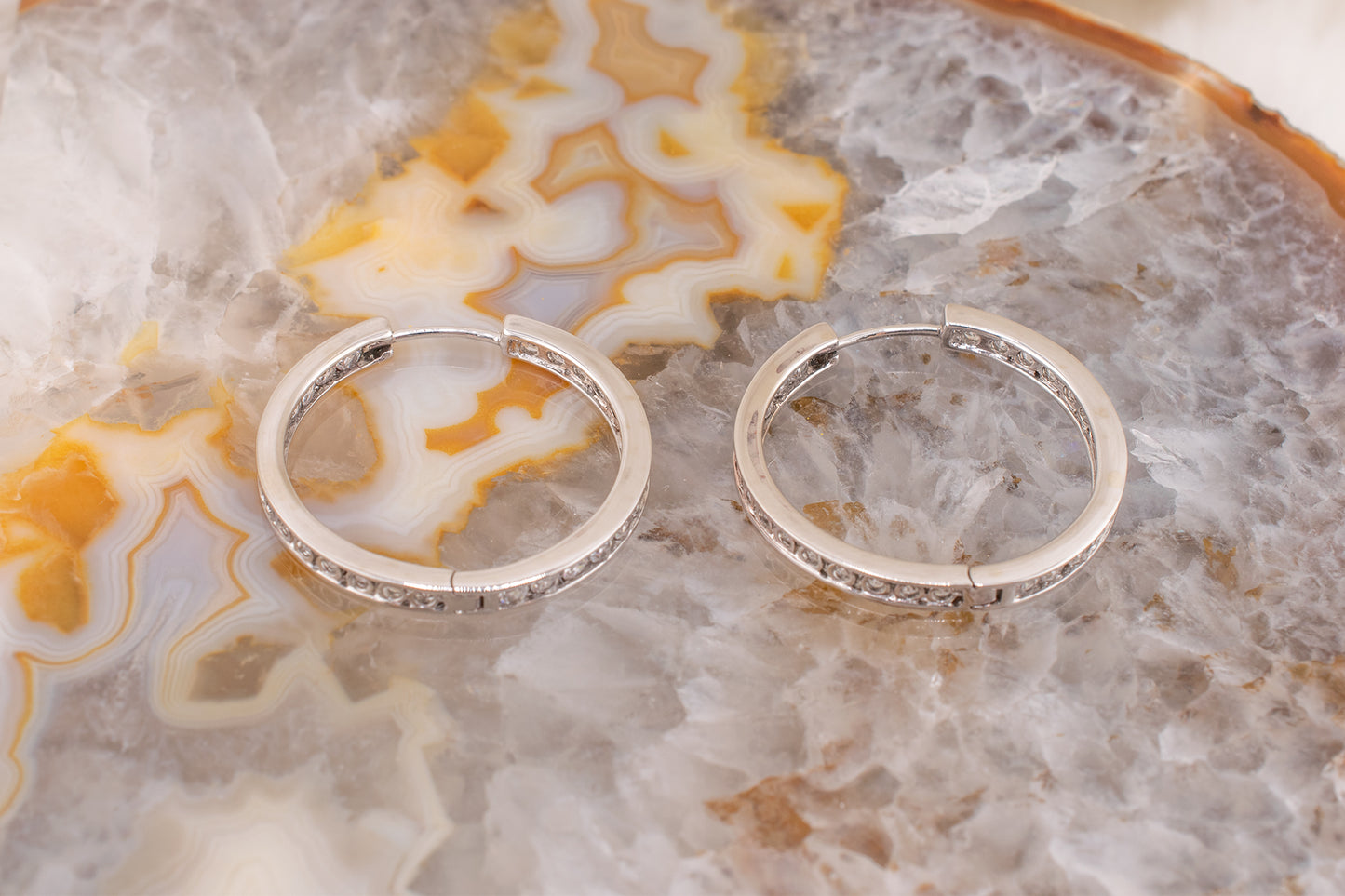 Estate Vintage 14k White Gold Channel Set CZ Inside Out Hoop Earrings 1 inch