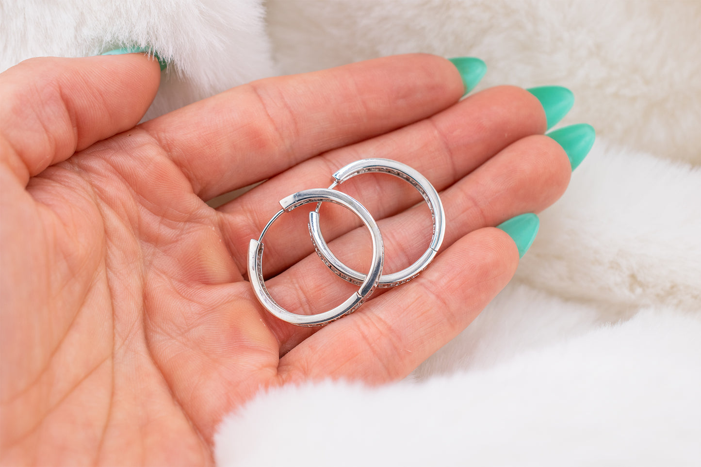 Estate Vintage 14k White Gold Channel Set CZ Inside Out Hoop Earrings 1 inch