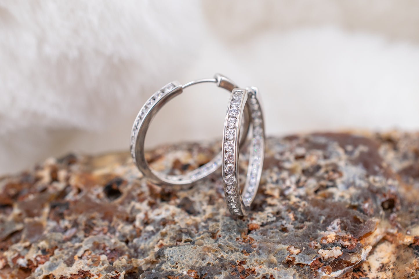 Estate Vintage 14k White Gold Channel Set CZ Inside Out Hoop Earrings 1 inch