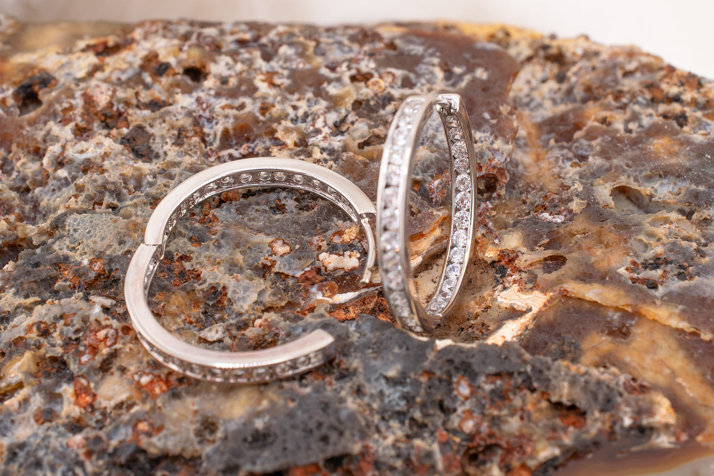 Estate Vintage 14k White Gold Channel Set CZ Inside Out Hoop Earrings 1 inch