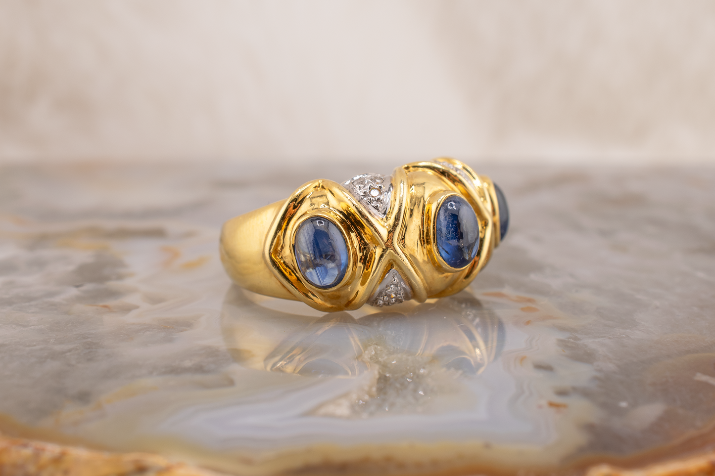 Vintage 1980s 18K Yellow Gold Sapphire & Diamond Cocktail Ring
