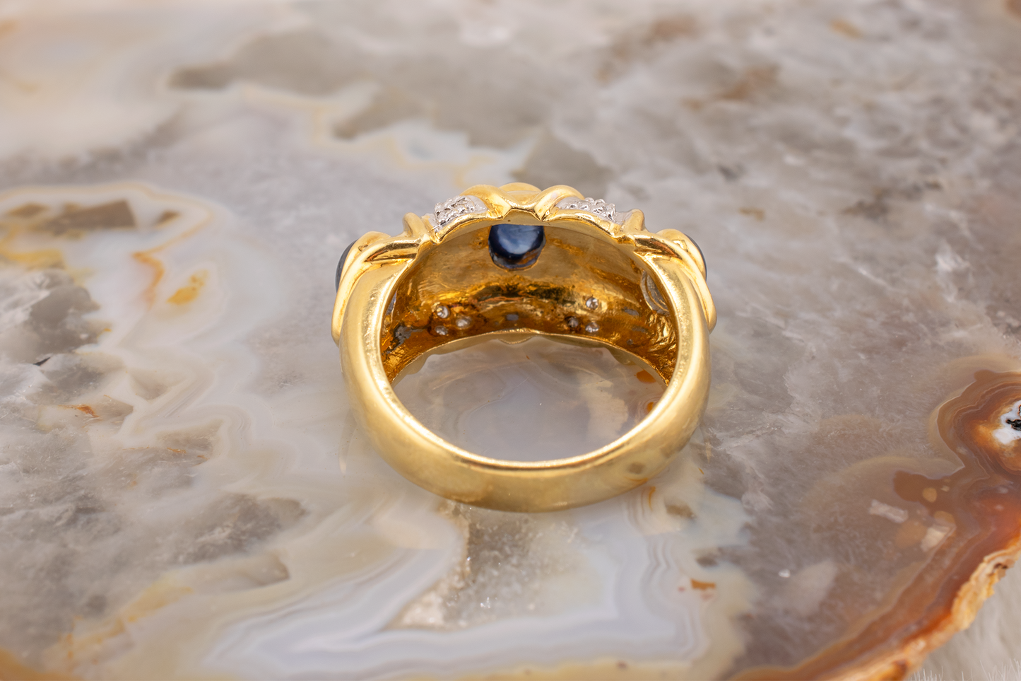 Vintage 1980s 18K Yellow Gold Sapphire & Diamond Cocktail Ring