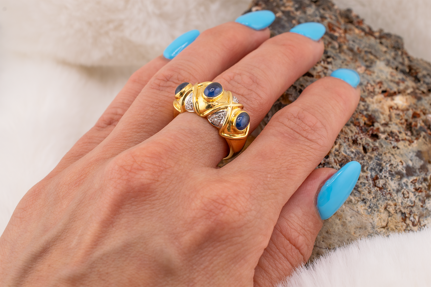 Vintage 1980s 18K Yellow Gold Sapphire & Diamond Cocktail Ring