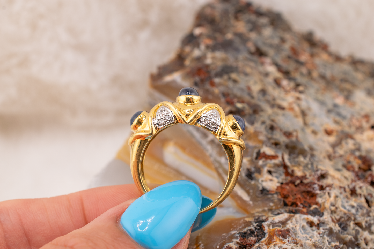 Vintage 1980s 18K Yellow Gold Sapphire & Diamond Cocktail Ring