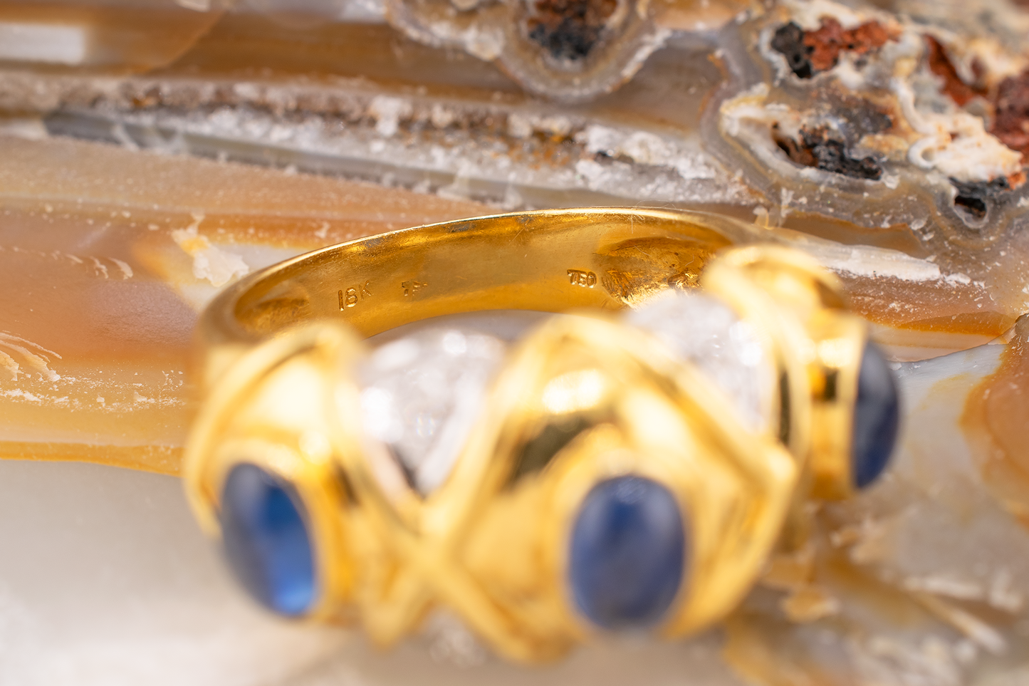 Vintage 1980s 18K Yellow Gold Sapphire & Diamond Cocktail Ring