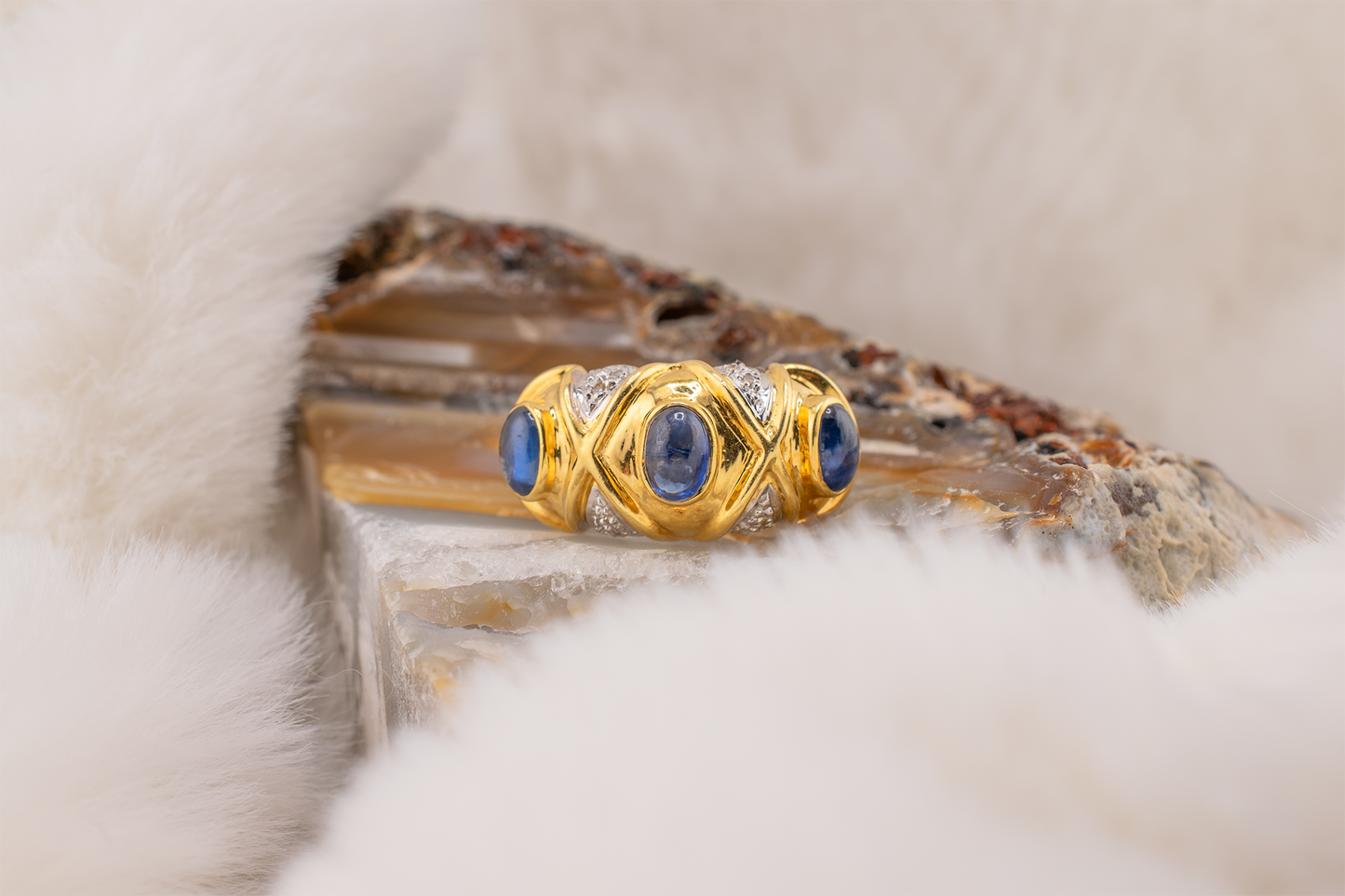 Vintage 1980s 18K Yellow Gold Sapphire & Diamond Cocktail Ring