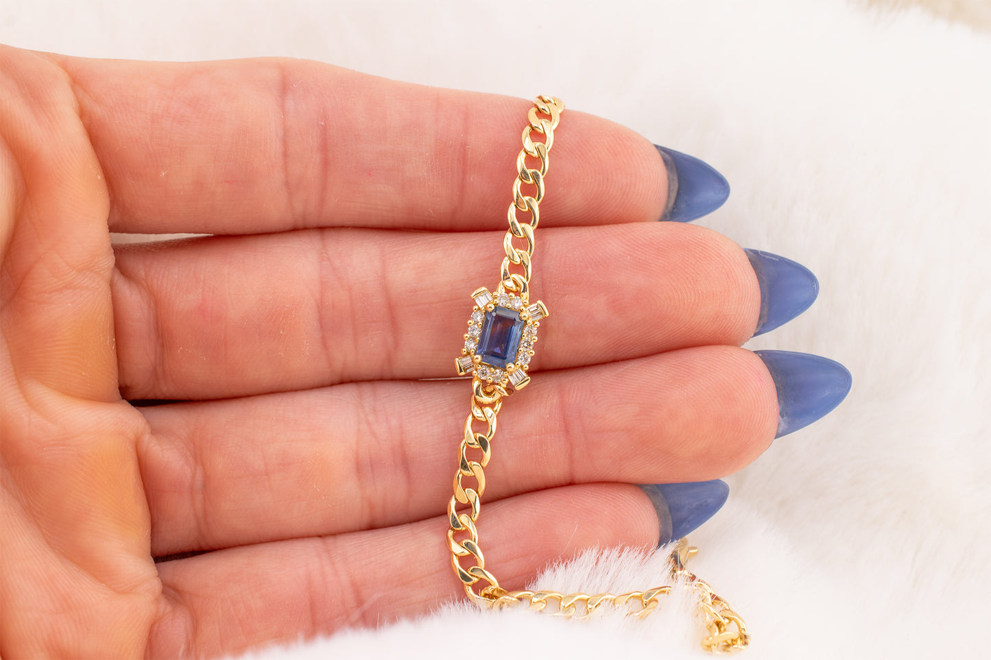 18 Karat Yellow Gold 0.40 Carat Emerald Cut Blue Sapphire & 0.15 CTW Diamond Bracelet