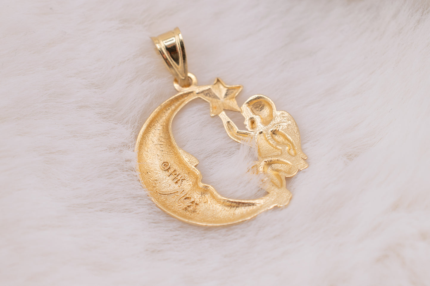 Vintage 14 Karat Yellow Gold Sitting Angel On A Crescent Moon Pendant Charm