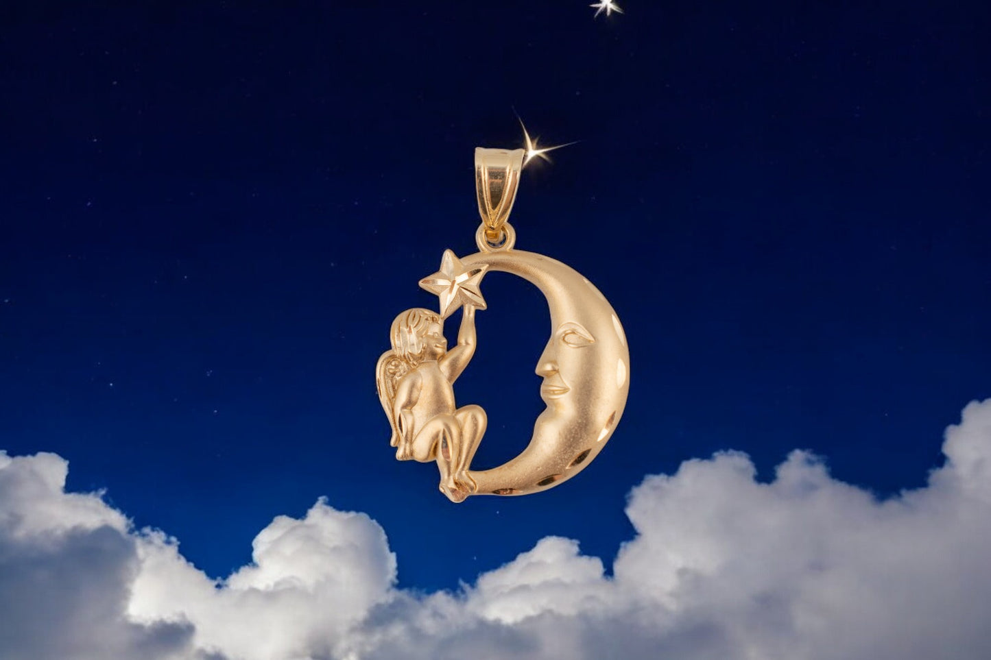 Vintage 14 Karat Yellow Gold Sitting Angel On A Crescent Moon Pendant Charm