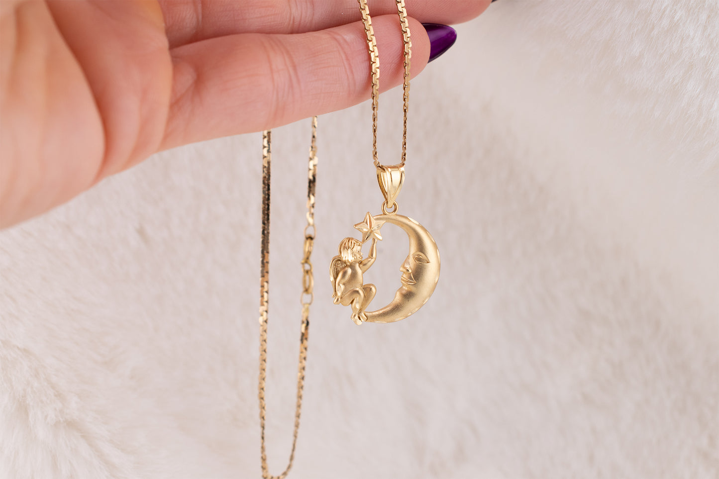 Vintage 14 Karat Yellow Gold Sitting Angel On A Crescent Moon Pendant Charm