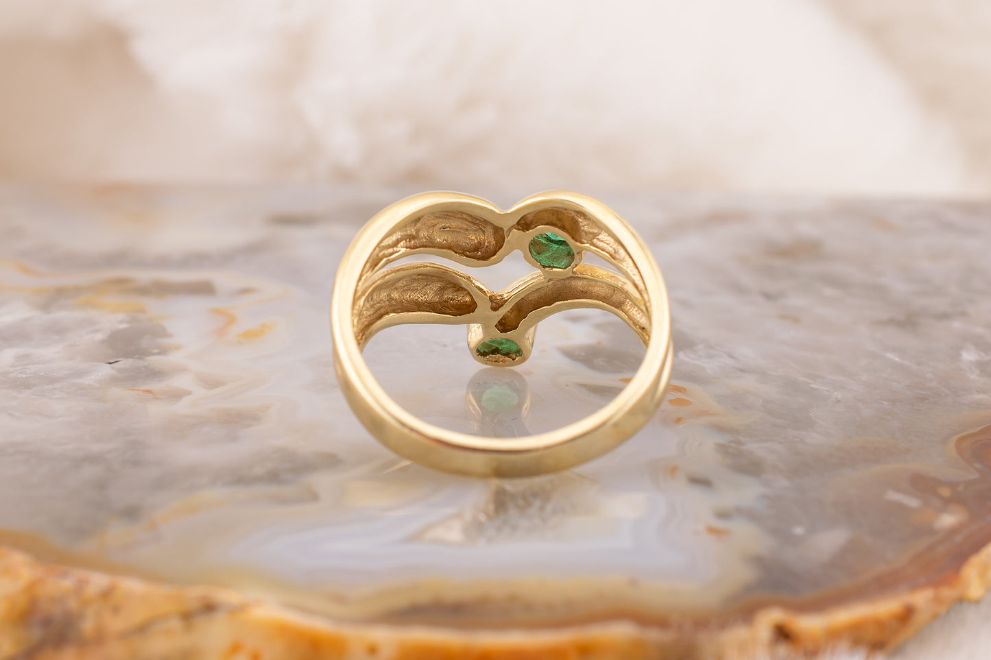 Vintage 14 Karat Yellow Gold 0.24 CTW Round Natural Emerald Abstract Ring Size 7.75