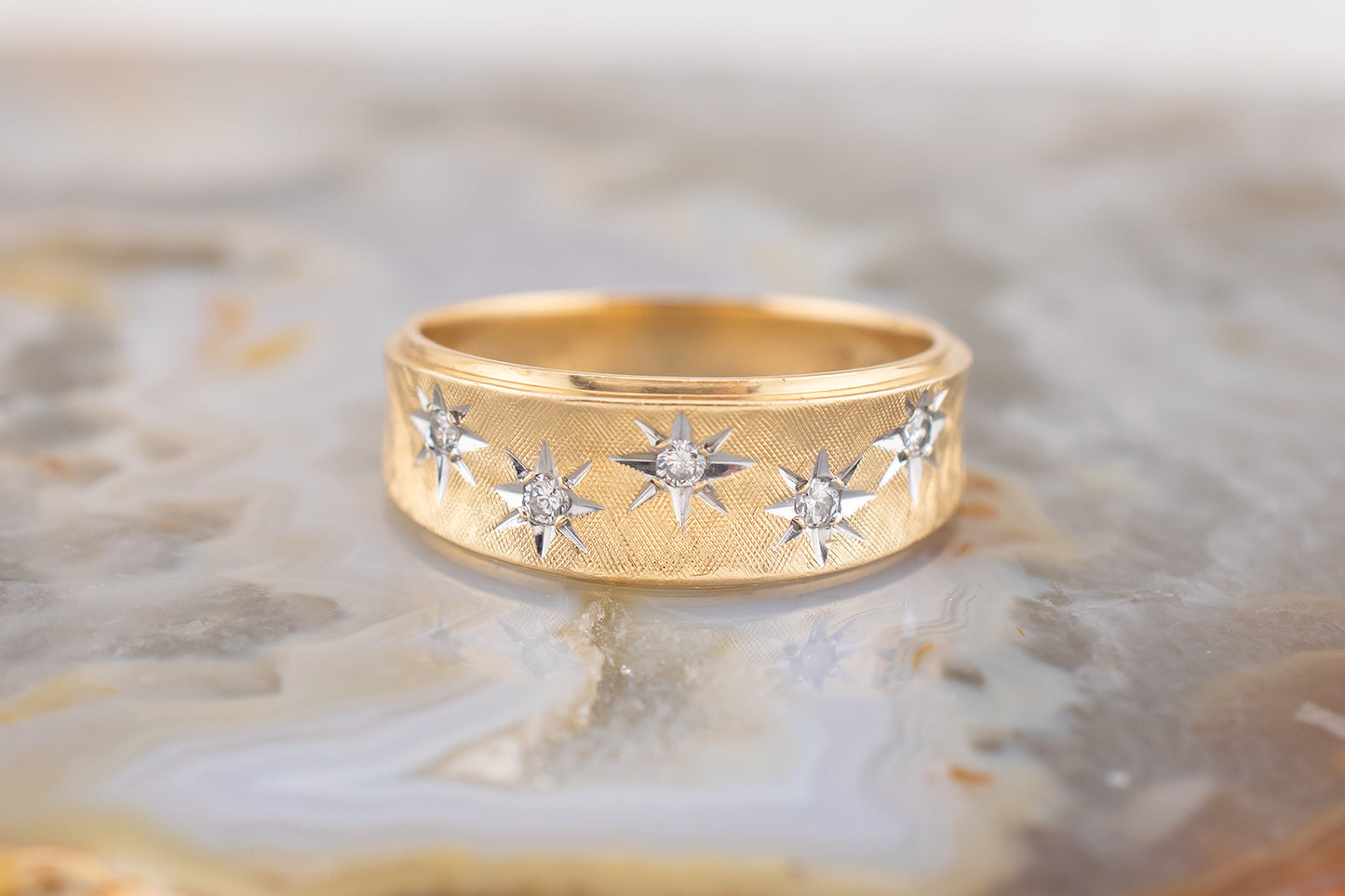 Vintage Mid-Century Retro 1966 14 Karat Yellow Gold Starburst Diamond Ring 0.12 CTW