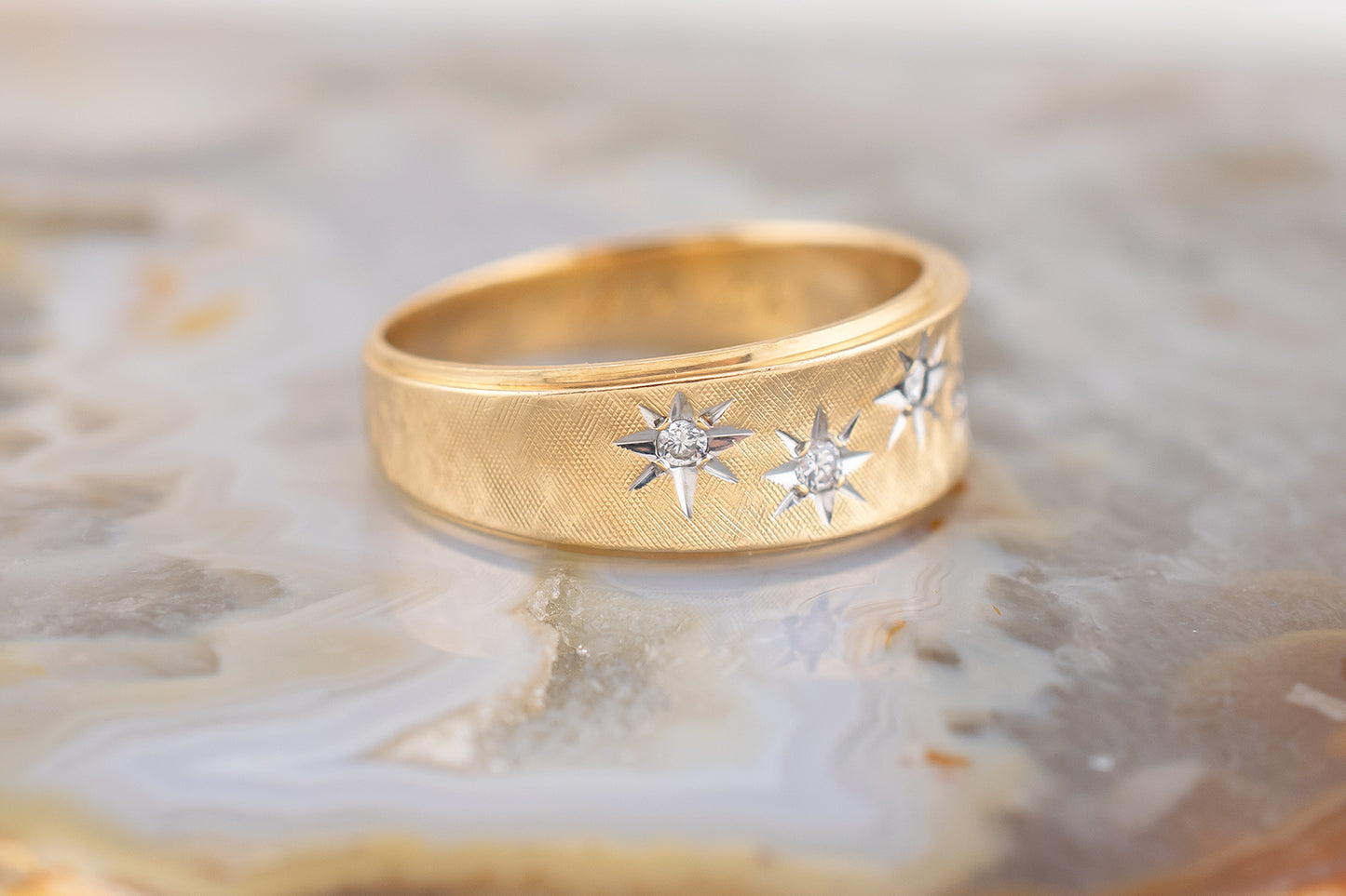 Vintage Mid-Century Retro 1966 14 Karat Yellow Gold Starburst Diamond Ring 0.12 CTW