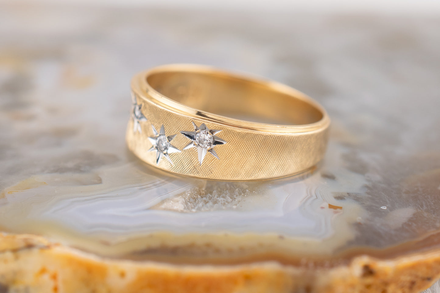 Vintage Mid-Century Retro 1966 14 Karat Yellow Gold Starburst Diamond Ring 0.12 CTW