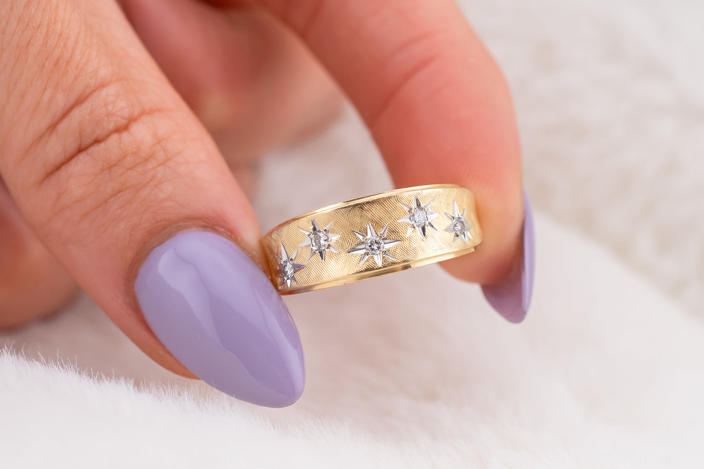 Vintage Mid-Century Retro 1966 14 Karat Yellow Gold Starburst Diamond Ring 0.12 CTW