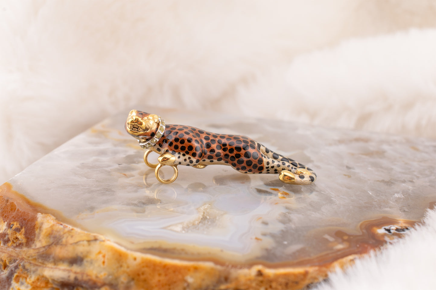Vintage Estate 14 Karat Yellow Gold Enamel Prowling Cheetah with Diamond Collar Slide Pendant