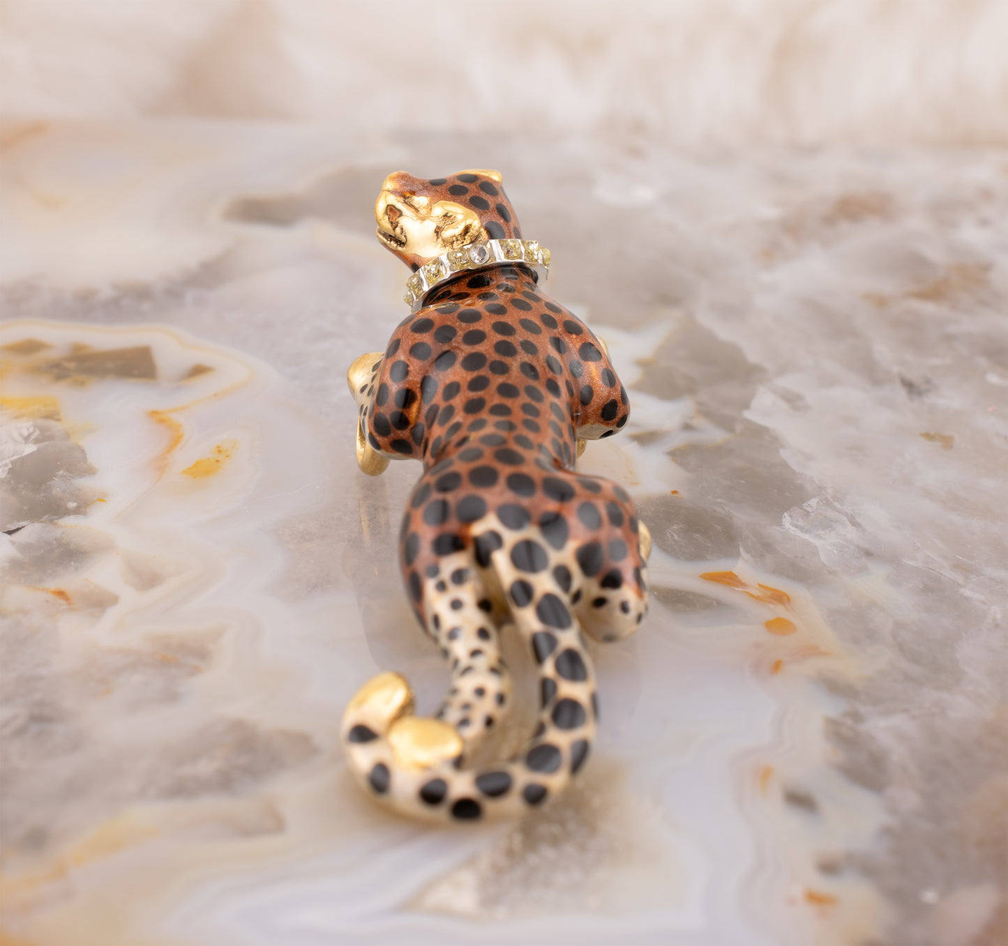 Vintage Estate 14 Karat Yellow Gold Enamel Prowling Cheetah with Diamond Collar Slide Pendant