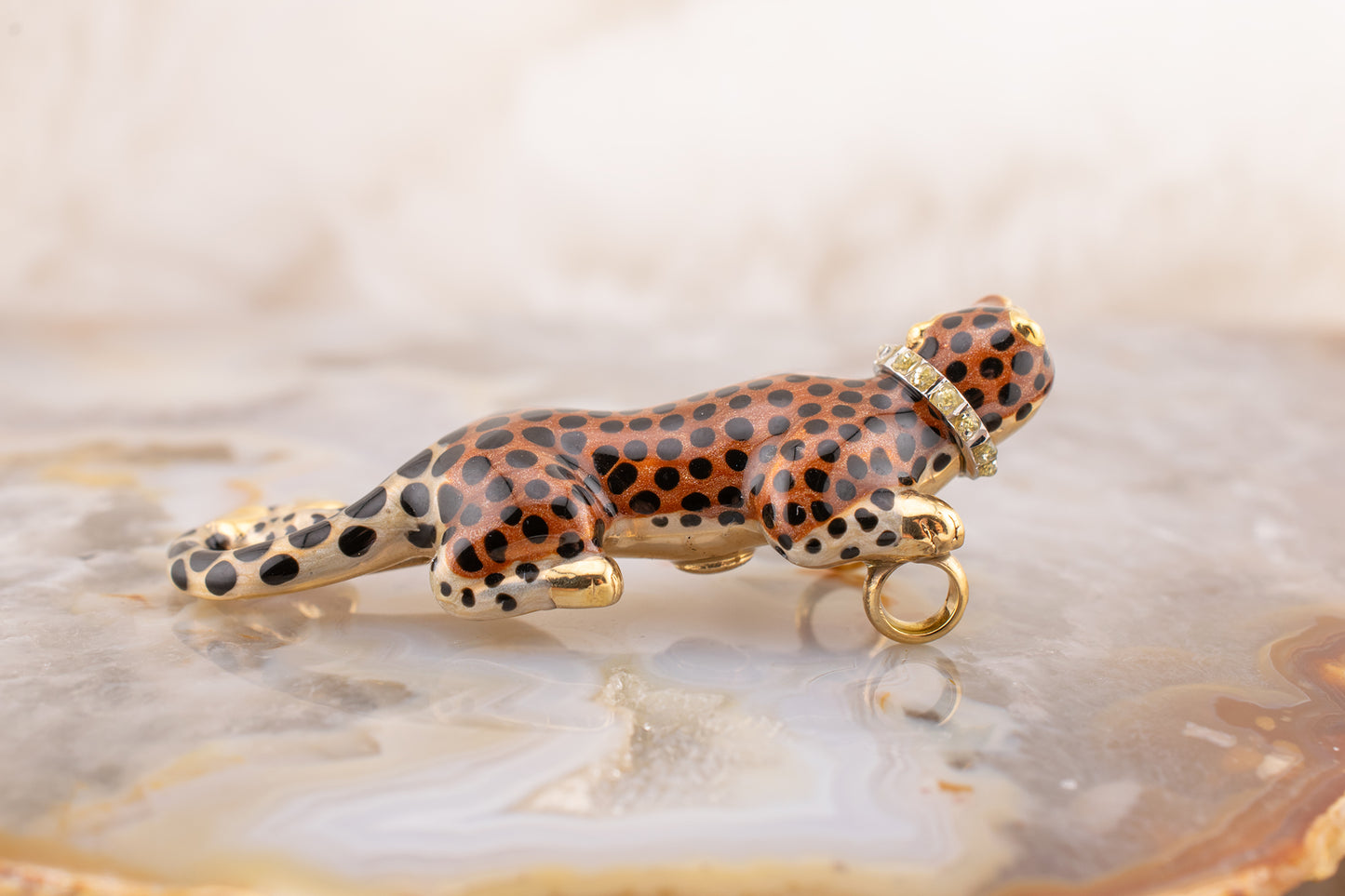 Vintage Estate 14 Karat Yellow Gold Enamel Prowling Cheetah with Diamond Collar Slide Pendant