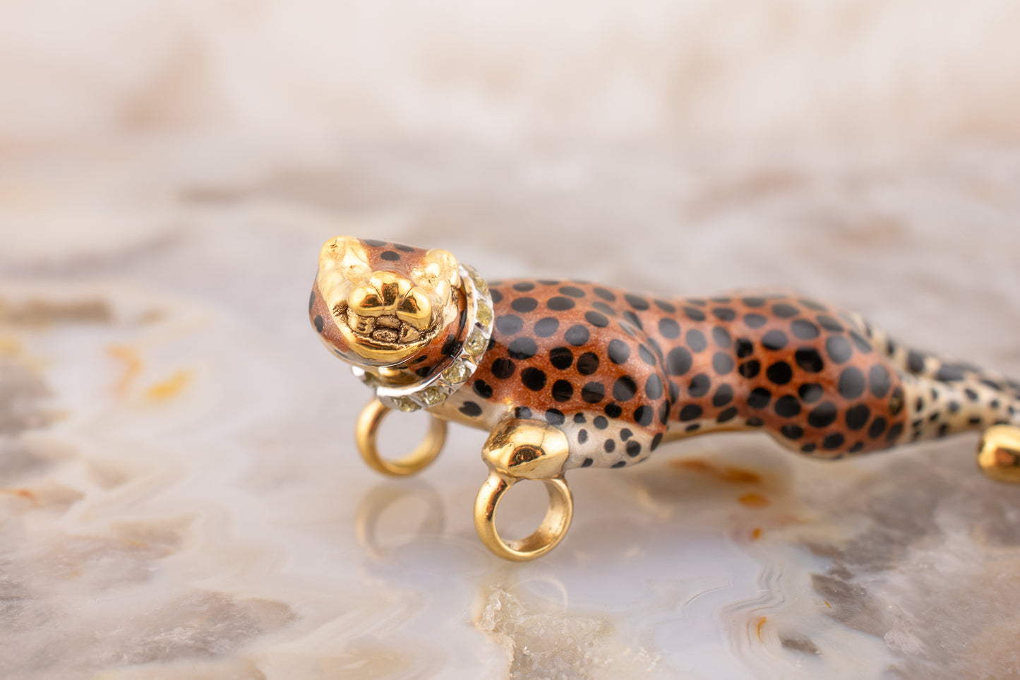 Vintage Estate 14 Karat Yellow Gold Enamel Prowling Cheetah with Diamond Collar Slide Pendant