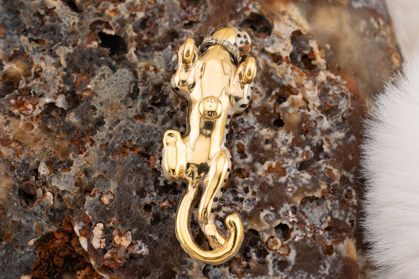 Vintage Estate 14 Karat Yellow Gold Enamel Prowling Cheetah with Diamond Collar Slide Pendant