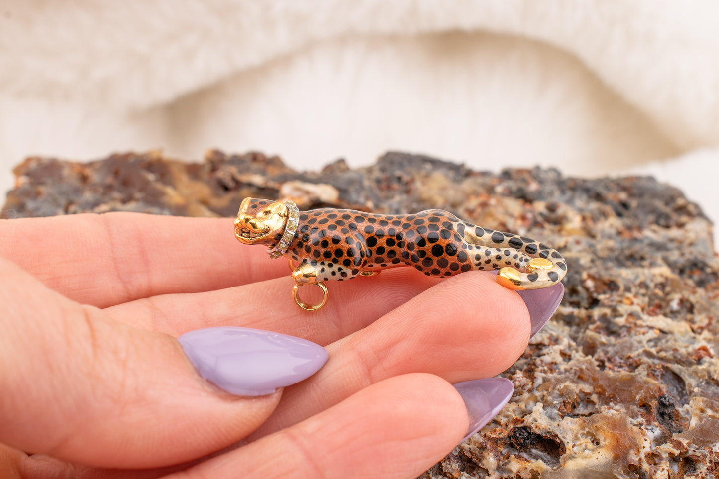 Vintage Estate 14 Karat Yellow Gold Enamel Prowling Cheetah with Diamond Collar Slide Pendant