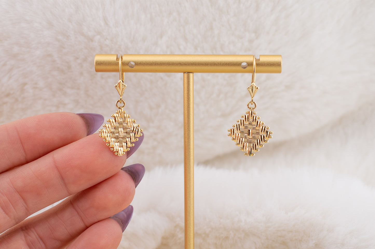 Vintage 14 Karat Yellow Gold Textured Woven Dangle Leverback Earrings