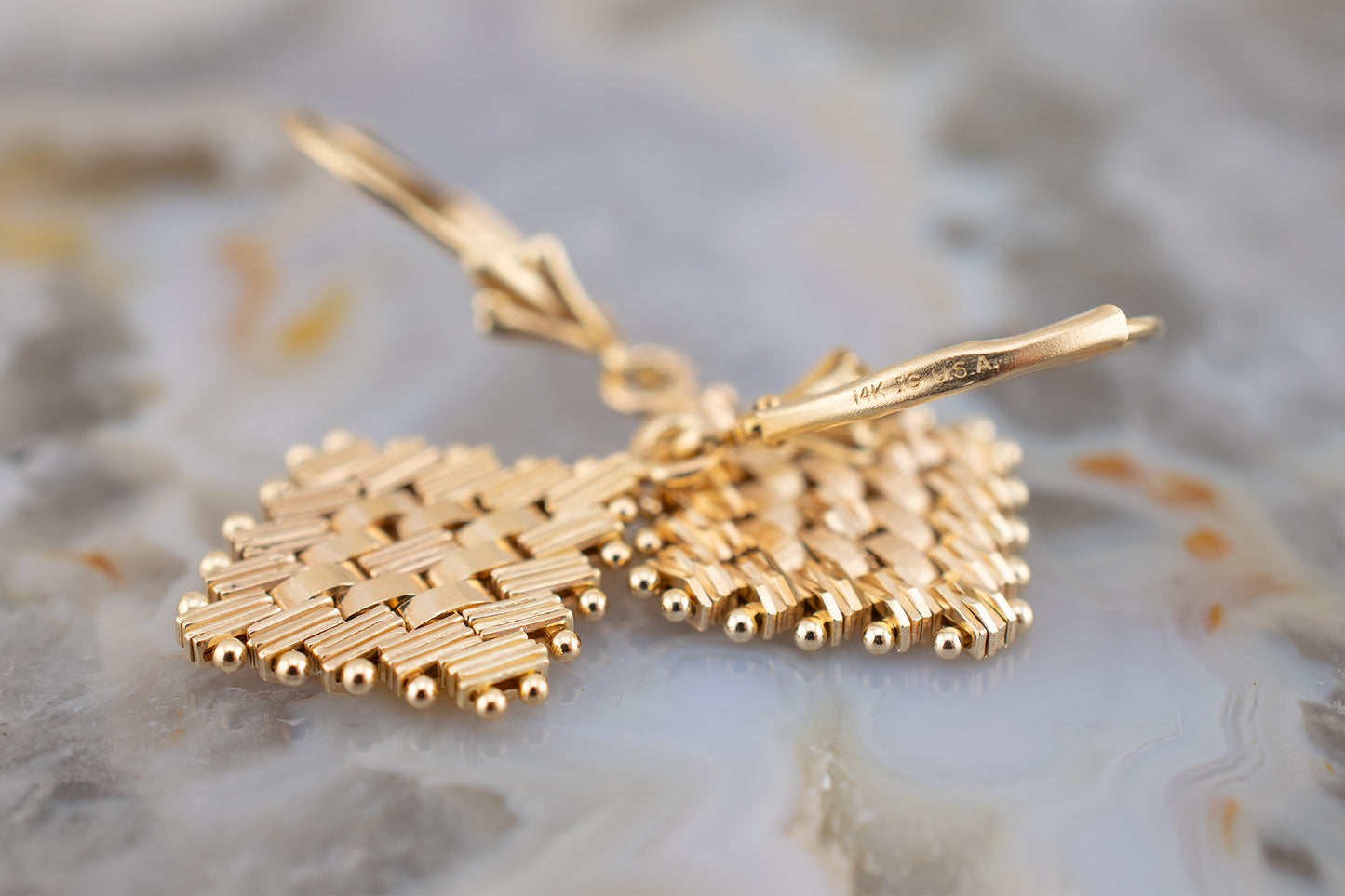 Vintage 14 Karat Yellow Gold Textured Woven Dangle Leverback Earrings